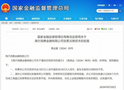 ​海尔消费金融增资获批！注册资本达20.9亿元